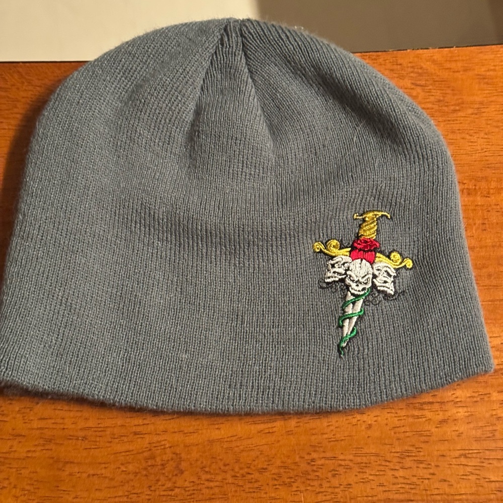 Stylish Gray Beanie with Embroidered Sword Design